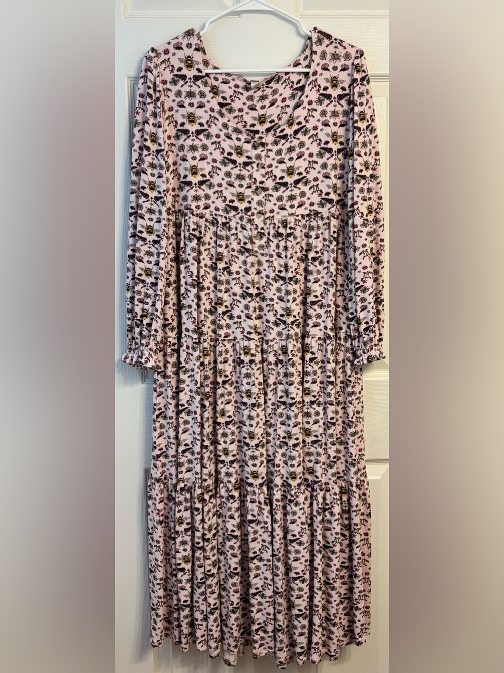 Pink Floral & Bee Print Tiered Dress
